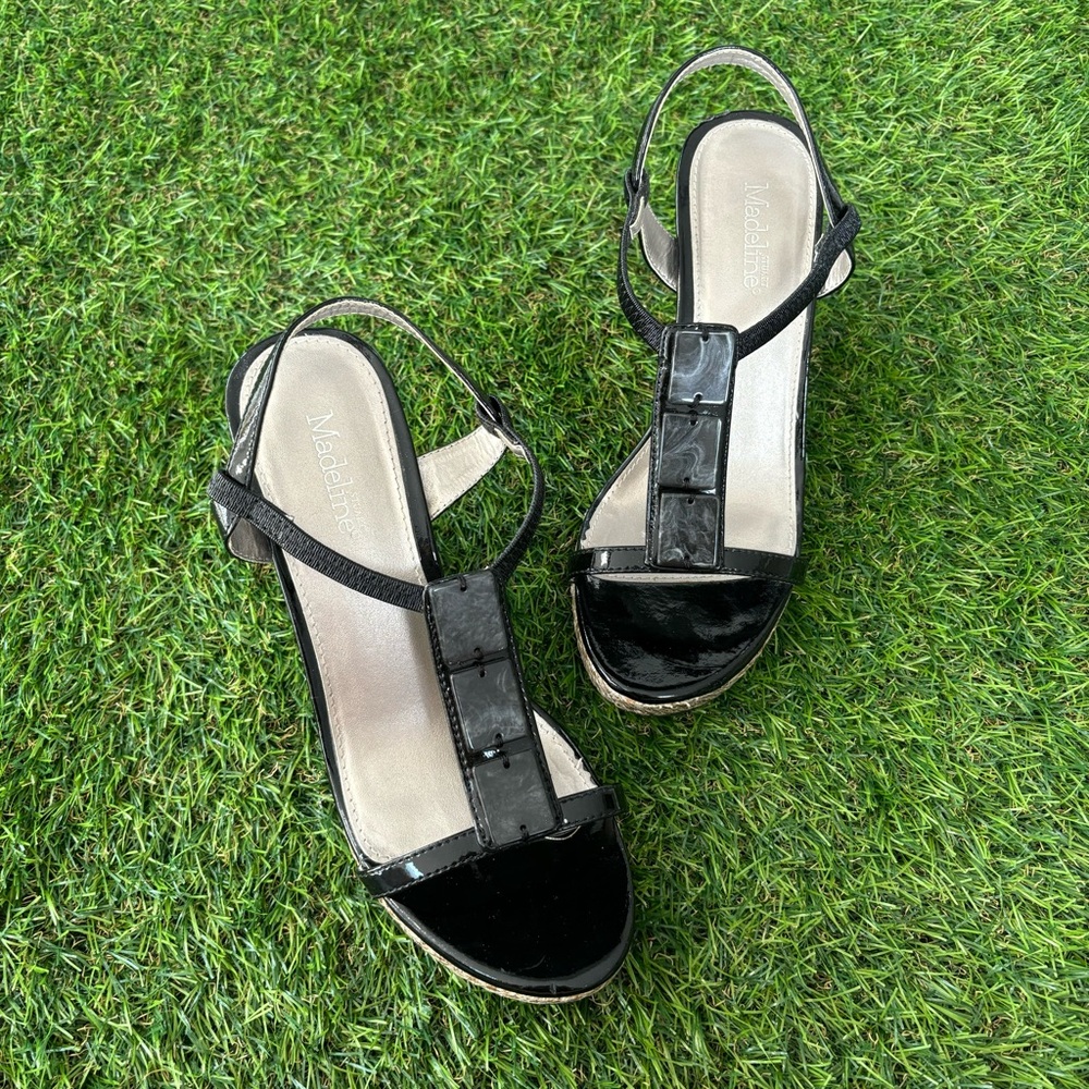 Madeline Stuart Size 7 Black Women's Open Toed 3.5 Inch Wedges